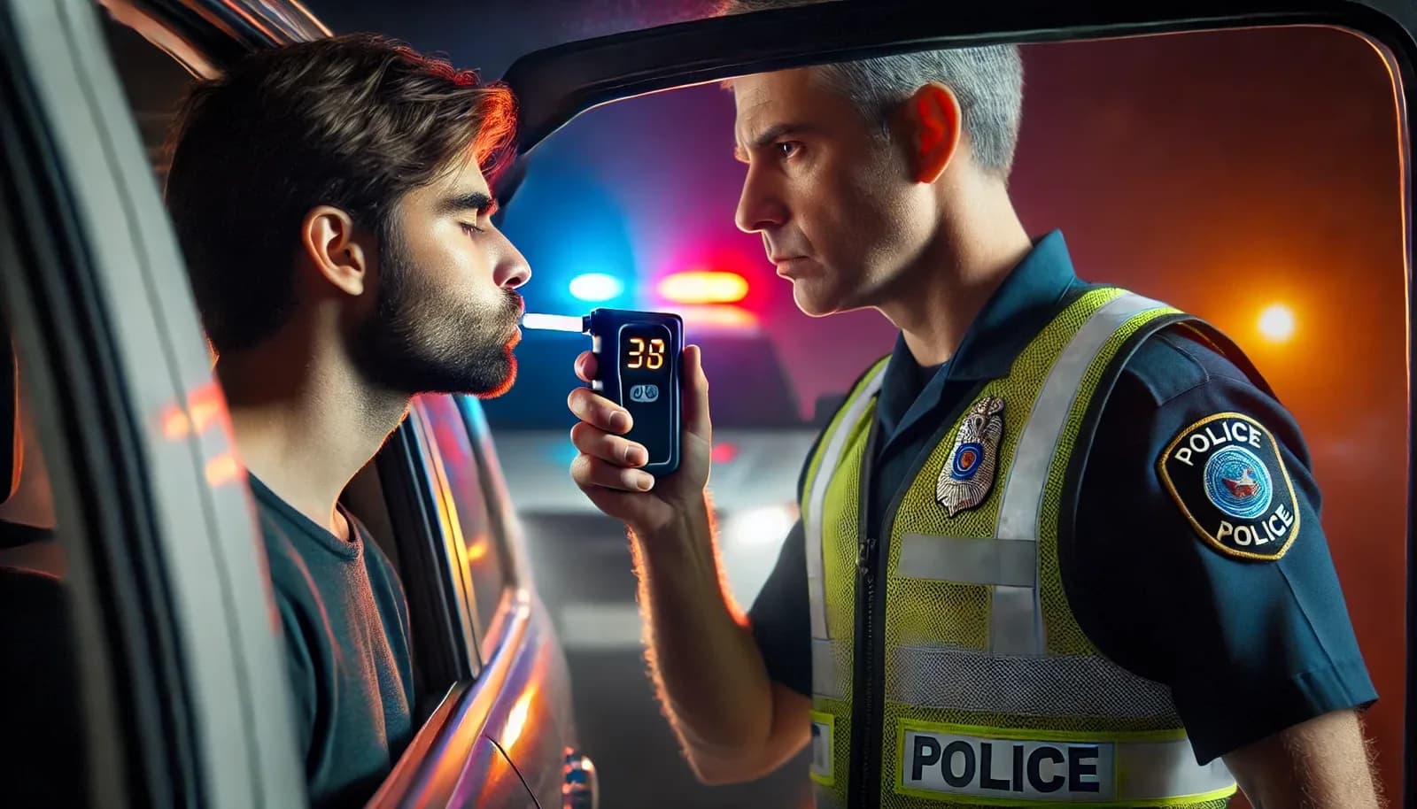 Atemalkoholkontrolle mit Pusteröhrchen bei einer Polizeikontrolle