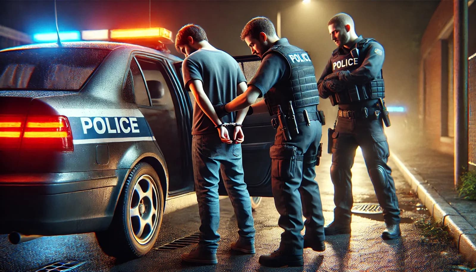 Festnahme mit Handschellen an einem Polizeifahrzeug bei Nacht